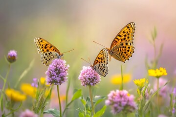 Obraz premium Butterflies resting on wildflowers in an open field