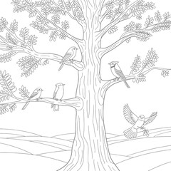 Fototapeta premium Illustration of a large tree with multiple birds perched on branches and a bird in flight coloring page
