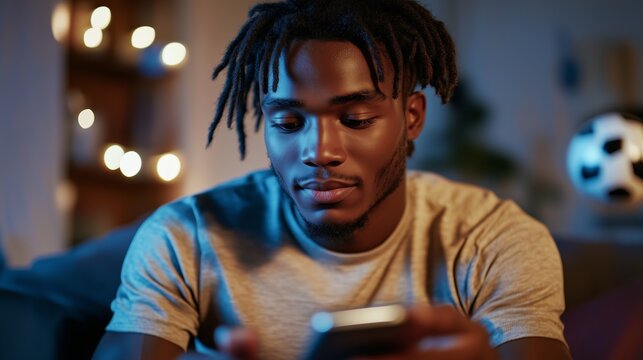 Young man enjoying a quiet evening at home while using his smartphone in low light with ambient decorations in the background
