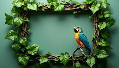 Parrot Perching on Branch Frame with Green Leaves