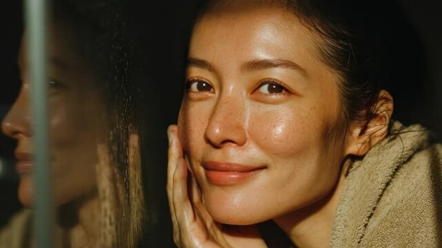 Asian woman in towel doing daily beauty routine, applying face cream while reflected in large mirror, steam on glass, cozy spa-like bathroom atmosphere