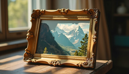 Framed Mountain Landscape Artwork on Wooden Surface