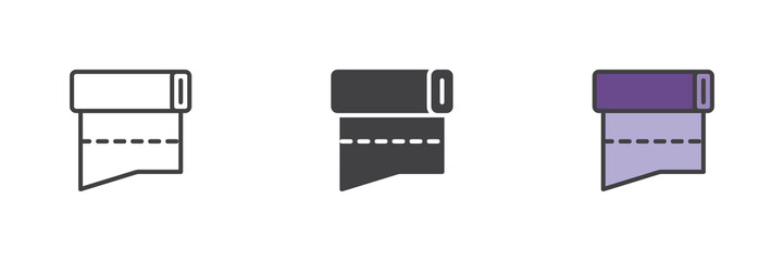 Fabric roll icon set in outline, solid and colorful filled styles