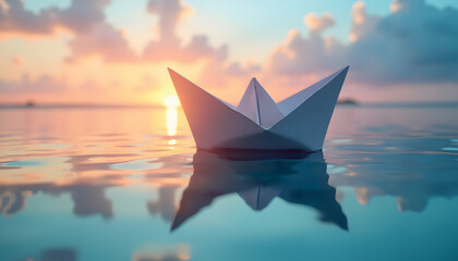 Paper Boat Floating on Water at Sunset with Soft Reflection