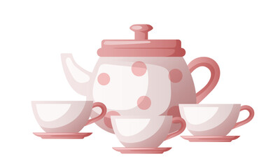 Tea-set. Teapot and three cups. Vector doodle clipart isolated on white background.