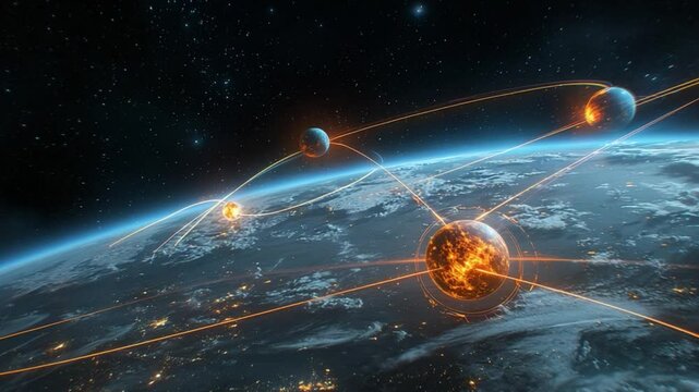 Futuristic Global Networks in Space with Energy Orbs Connecting Cities and Earth in Nighttime Environment