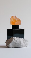 Black perfume bottle, orange stone top, light gray stone