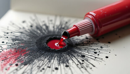 Applying Red Ink to Black Circle Burst on Paper
