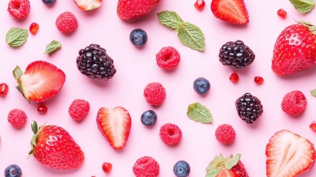 A vibrant arrangement of fresh berries and fruits on a pink background, including strawberries, raspberries, blueberries, and blackberries, with mint leaves and pomegranate seeds scattered around.