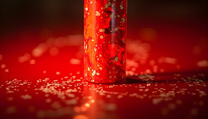 Artistic Red Bottle with Gold Swirls on Glossy Surface
