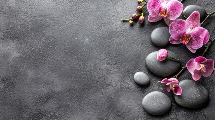 A serene spa setting with pink orchids and black stones on a textured gray background.