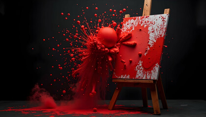Red Paint Exploding Onto Canvas on Easel in Studio