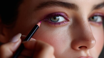 Makeup artist applies vibrant eyeliner during beauty session in a bright studio at sunset