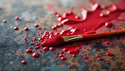 Painting with Red Paint Brush on Textured Surface