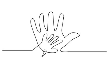 Obraz premium One continuous line drawing of baby kid hand holding mom dad parents hands. son daughter grab mommy daddy hand. family doodle outline art line vector illustration