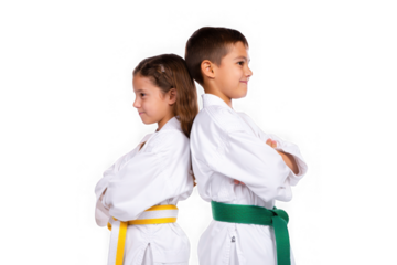 Martial Arts Young Karate Kids, Back-to-Back, Displaying Discipline, Focus, and Teamwork in White Uniforms