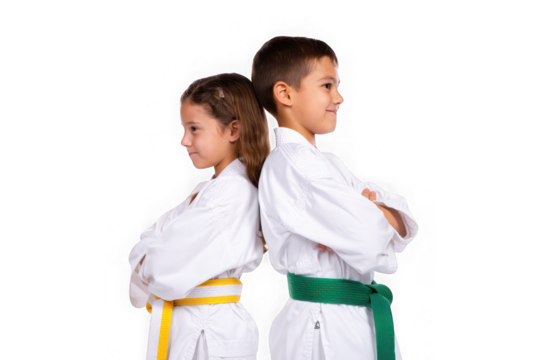 Martial Arts Young Karate Kids, Back-to-Back, Displaying Discipline, Focus, and Teamwork in White Uniforms