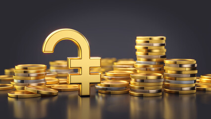 Golden armenian dram currency symbol with stacks of coins