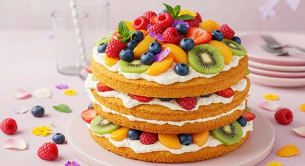 Layered sponge cake decorated with fresh fruits on pastel background