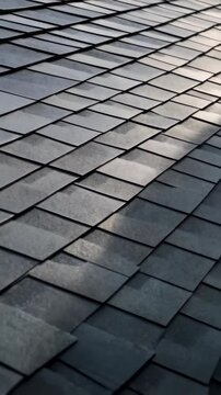 Close up angled view of a dark gray asphalt shingle roof with a textured and layered pattern providing durable weather protection for buildings
