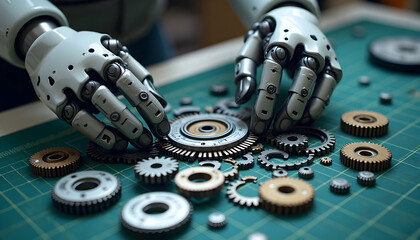 Robot Hands Arranging Gears on a Mat Close-up
