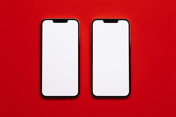 two smartPhone mockup , from above, white screen, on a plain red background, symmetrical