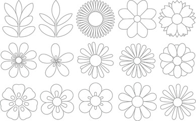 Collection of outline drawings of various flower and leaf designs set