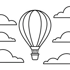 Obraz premium Outline illustration of a hot air balloon floating amongst clouds simple black and white design for childrens projects