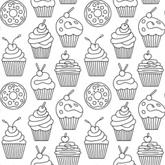 Seamless black and white pattern featuring sweet cupcakes and donuts perfect for bakery and dessert themed designs
