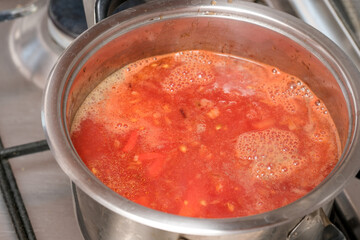 Cooking a vibrant tomato soup in a stainless steel pot on the stove