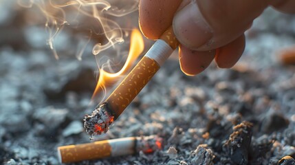 Close up of hand holding a burning cigarette slowly letting it go mid air captured in motion blur ashes falling symbolic of release and emotional freedom moody background