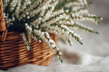Wicker basket overflowing with delicate white heather blossoms, resting on a linen fabric