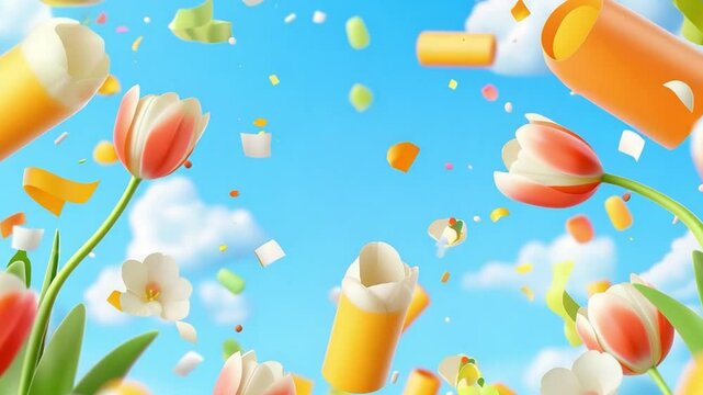 Colorful Tulips with Falling Confetti and Decorative Elements in a Bright Spring Sky