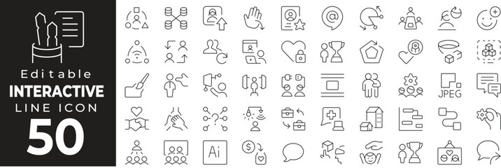Interactive design and UI elements. Includes clickable icons, user input, responsive UI, touchscreen gestures. Editable stroke.