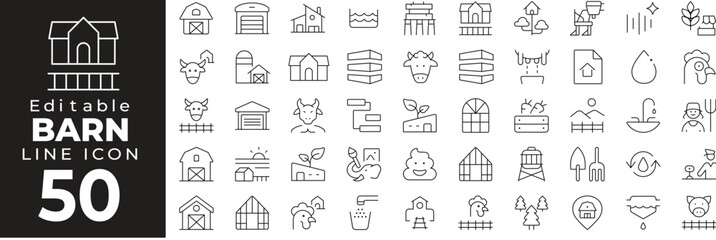 Farm and barn structure icons. Featuring rural buildings, storage, hayloft, barn doors, and agriculture elements. Editable stroke.