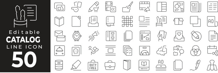 Fototapeta premium Product catalog and listing icons. Featuring brochures, digital catalog, price list, and inventory booklet. Editable stroke.