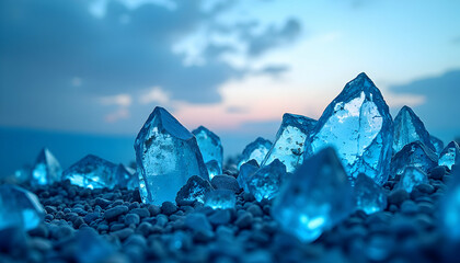 Glowing Blue Crystals on Pebble Surface with Sky Background