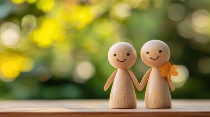 Two wooden figurines of a smiling couple holding hands, standing on a wooden table with a blurred green background.