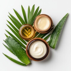Three wooden containers of skincare products (cream, lotion, oil) arranged on an aloe vera leaf against a white background