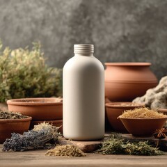 Off-white bottle amidst earthy tones, surrounded by dried herbs, spices, and terracotta pottery on a rustic wooden surface against a textured grey backdrop