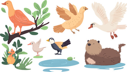 Naklejka premium Cute Cartoon Animals Illustration Duck Swan Sparrow and Beaver in a Playful Composition with Water Greenery and a Tree Branch on a White Background