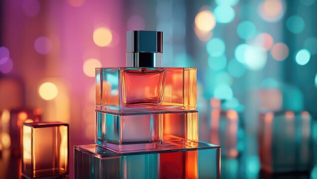 A stack of square perfume bottles in vibrant colors, set against a bokeh background
