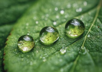Three dewdrop spheres of varying sizes rest on a vibrant green leaf, surrounded by smaller droplets, reflecting light