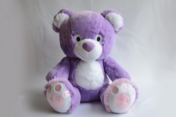 A plush lavender teddy bear with pink paws sits isolated on white background
