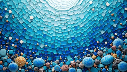 Abstract Blue Mosaic Seascape with Pebbles and Square Tiles