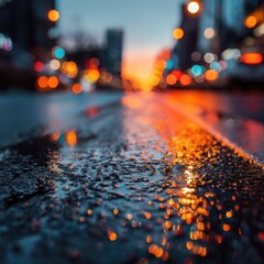 Wet city street at dusk, reflecting blurred city lights and traffic in puddles