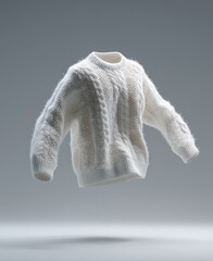 A fluffy, off-white cable-knit sweater floats against a muted gray backdrop, showcasing its soft texture and relaxed fit