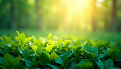 Green Foliage in Sunny Forest Glade Natural Spring Growth