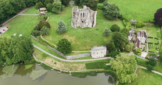 Aerial view of old Wardour Castle cultural tourism complex in Wiltshire, UK