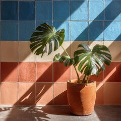 Sunlit Monstera deliciosa in terracotta pot against a vibrant, geometric tiled wall
